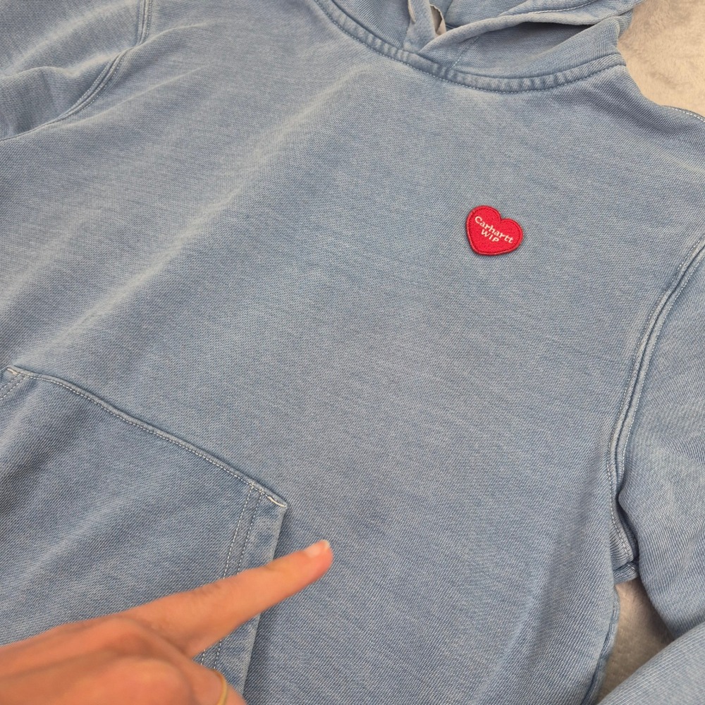 Carhartt WIP Heart Patch Hoodie Light Blue Stone Wash Sweatshirt Unisex Women XS - Picture 3 of 15